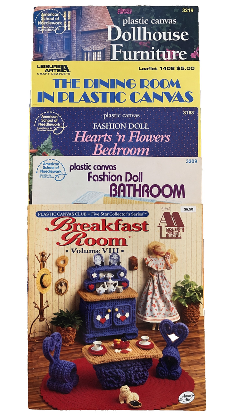 Lot Of 5 Vintage Plastic Canvas Barbie Dollhouse Furniture Pattern Books